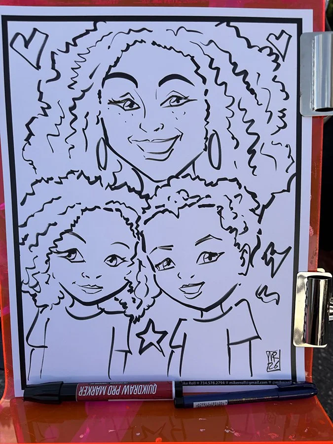 Line drawing of three smiling women with curly hair, with shapes like stars around them.