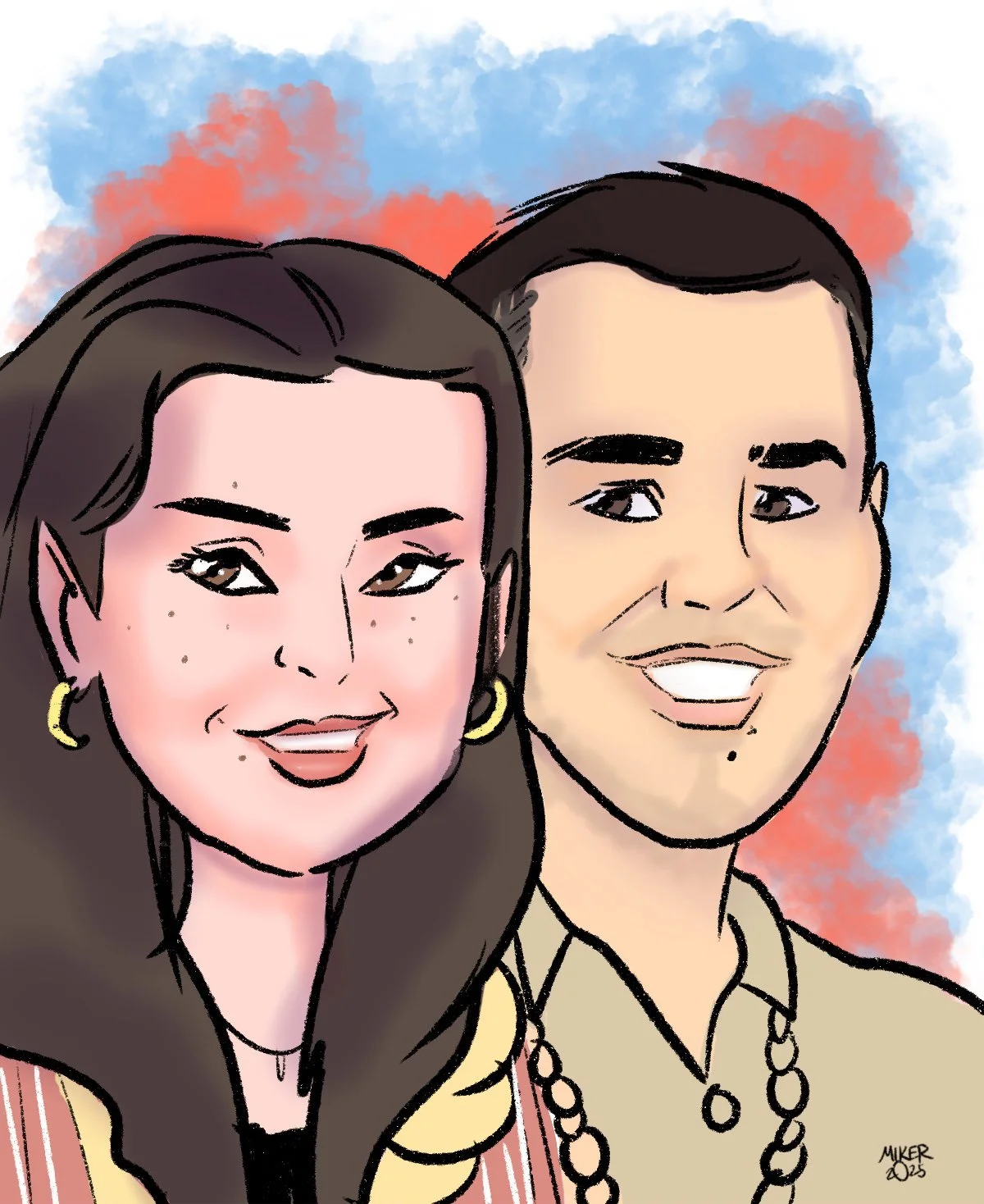 Procreate Digital illustration of a smiling woman and man with a colorful sky background.