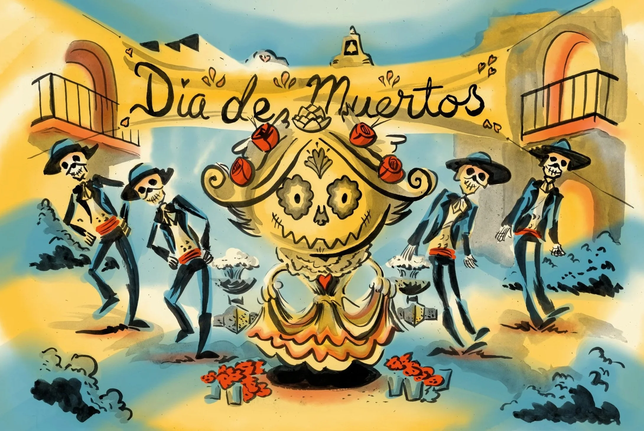 Apooka. Colorful illustration celebrating Día de Muertos with a large sugar skull, dancing skeletons, and decorative elements in bright colors.