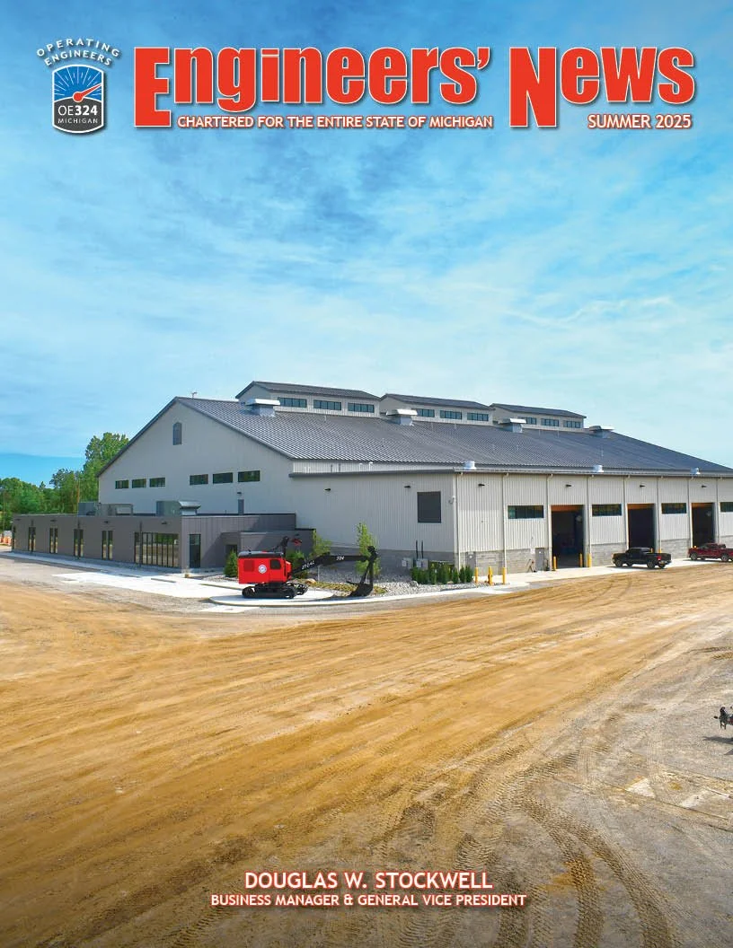 Cover of Engineers' News magazine featuring a new industrial building with a large metal roof, multiple garage doors, and construction vehicles on a dirt lot. The magazine is for Michigan engineers, summer 2025 issue, with Douglas W. Stockwell as bus