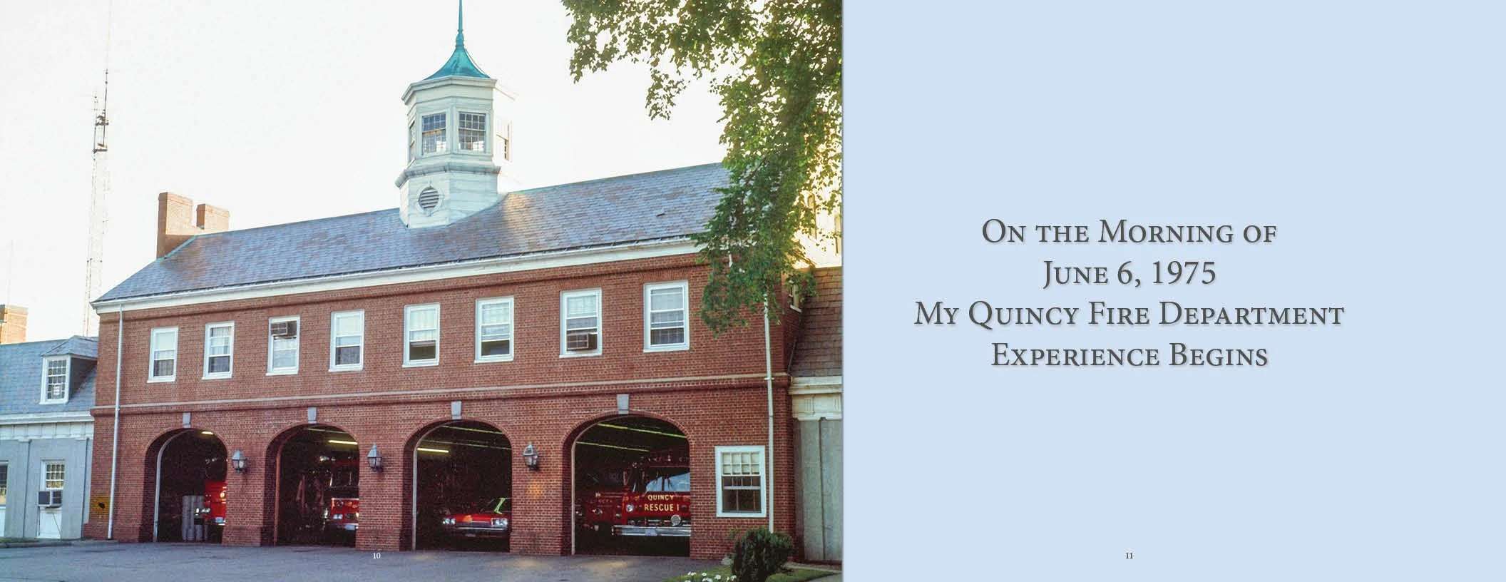 Photo of a historic fire station with red brick walls, arched garage doors, and a clock tower, with fire trucks visible inside, alongside a page of a presentation with text about a fire department experience dated June 6, 1975.
