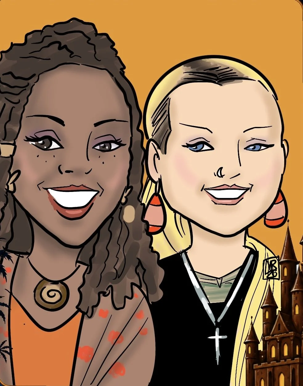 Procreate Cartoon digital illustration of two smiling women, one with dark curly hair and the other with blonde hair, wearing colorful earrings and accessories, with a castle in the background.