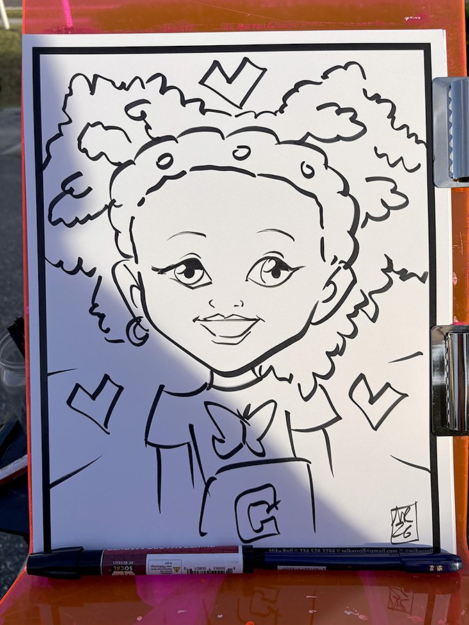 Black marker drawing of a cheerful girl with curly hair, a bow tie, and earrings, surrounded by hearts and a crown.