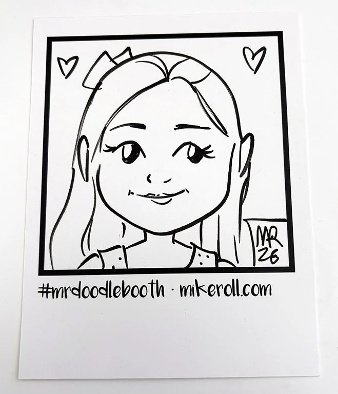 A black-and-white doodle of a smiling woman with long hair, surrounded by heart symbols, with the text '#mrddoodlebooth · mikeroll.com' written below.