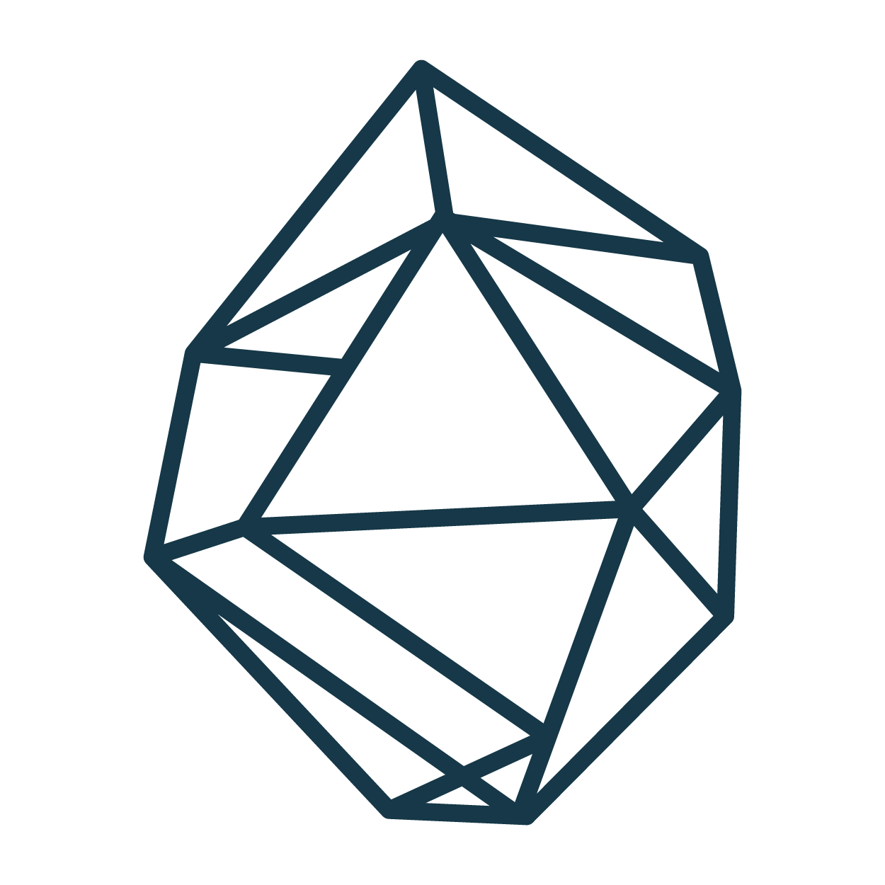 Zeichnung eines geometrischen, mehrdimensionalen Kristalls mit kantigen Flächen und Linien.