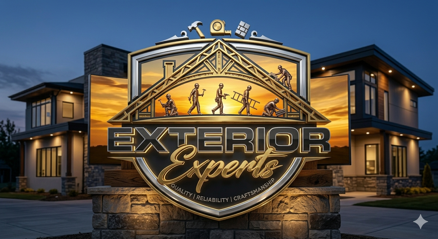 A sign for Exterior Experts, a home exterior service company, featuring a house logo with construction workers and tools, set against a residential home during sunset.