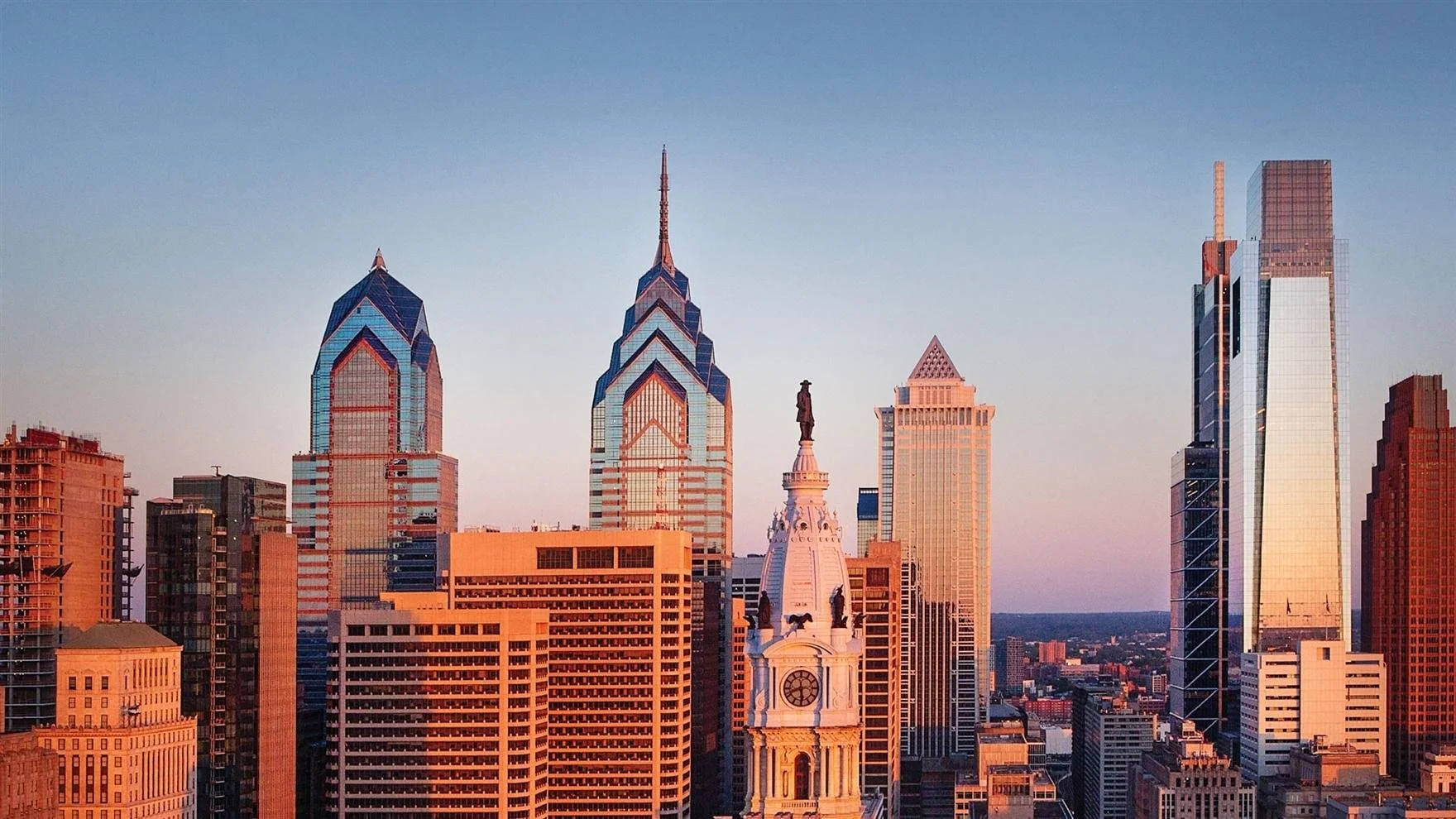 Skyline of Philadelphia, Pennsylvania with tall modern skyscrapers during sunset