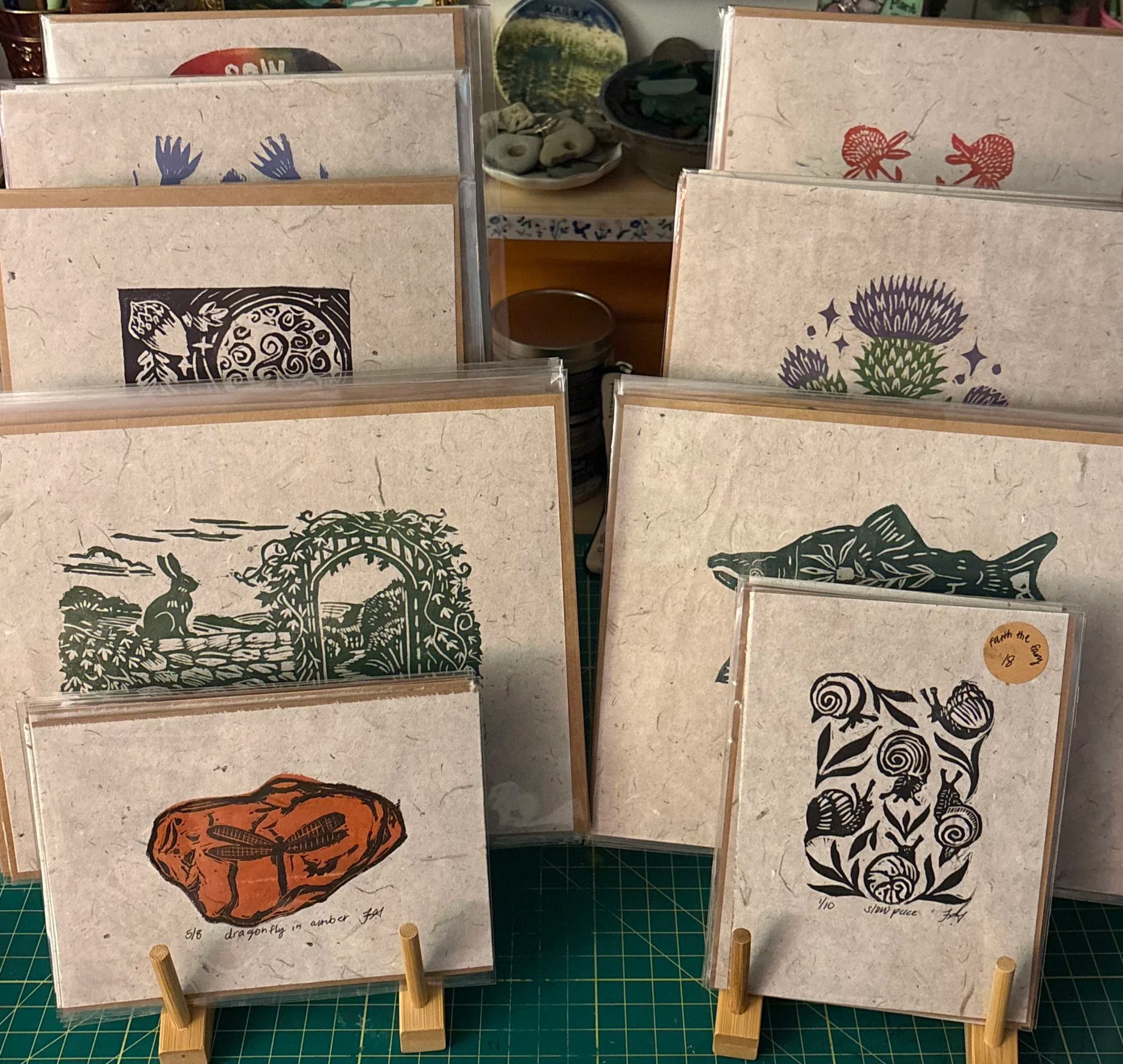 Collection of illustrated art prints on small wooden easels, featuring detailed drawings of insects and plants, arranged in a display.