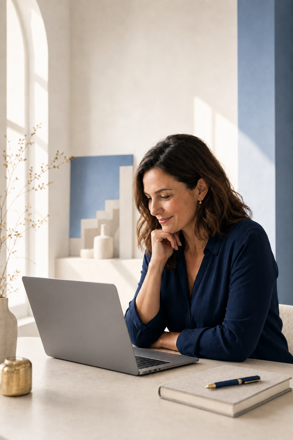 A woman with shoulder-length dark hair sitting at a light-colored table, looking at her laptop with a smile, in a bright room with minimalist decor.