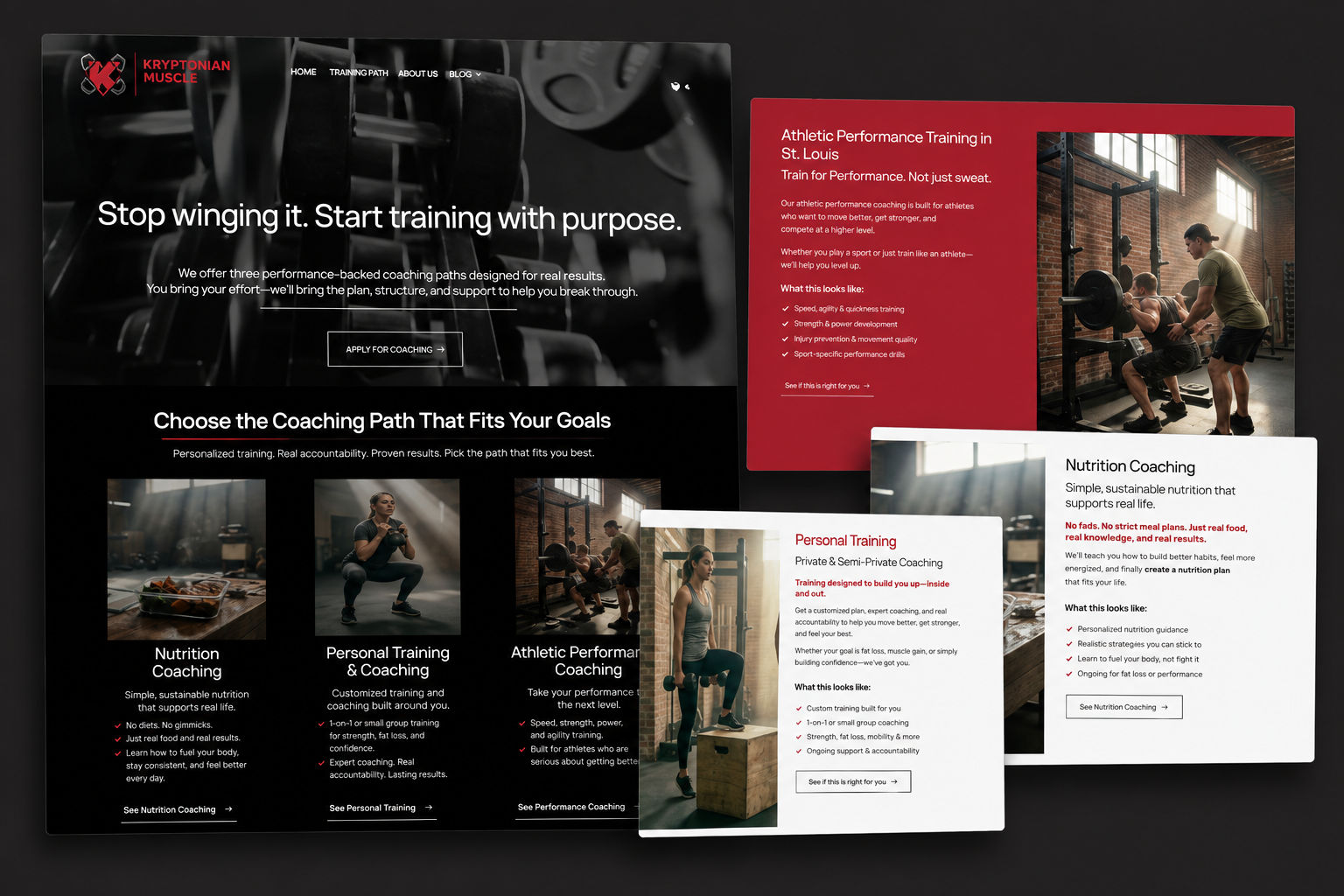Website homepage for Kryptonian Muscle promoting coaching paths: nutrition coaching, personal training, and athletic performance coaching, with images of gym scenes and athletes.
