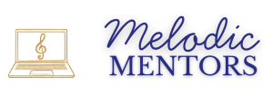 Logo featuring a keyboard with a musical note on the screen and the text 'Melodic Mentors' in blue.