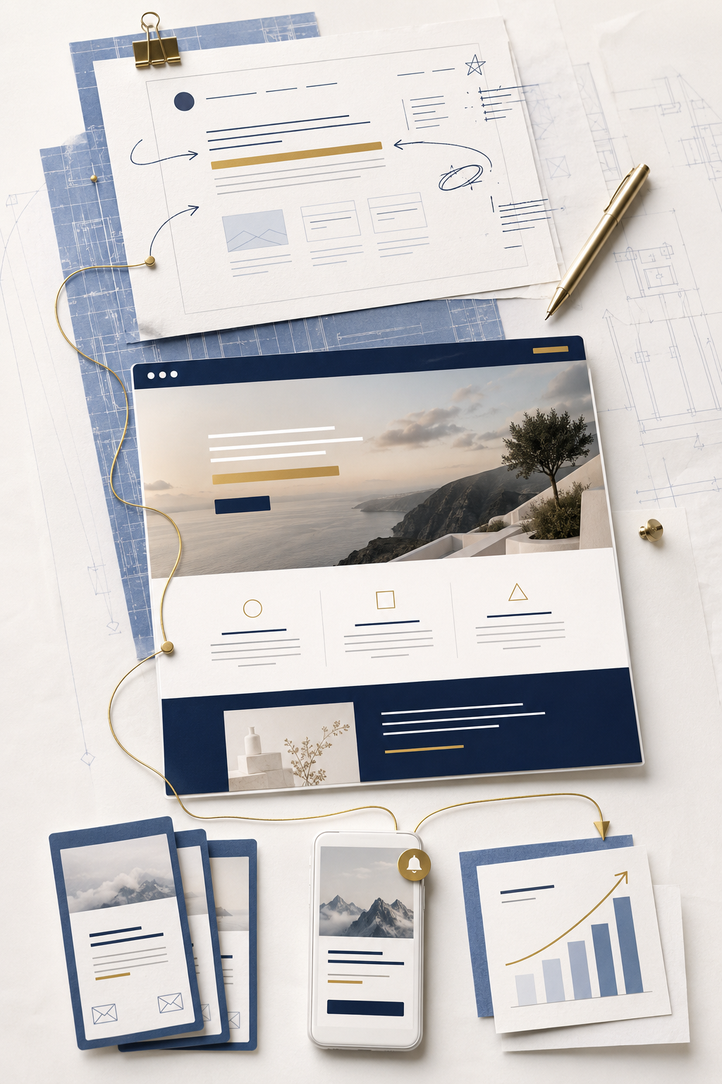 Design plans, a wireframe webpage layout, printed photographs of mountains and sea, and charts with data and graphs on a white surface, with some technical drawings in the background.