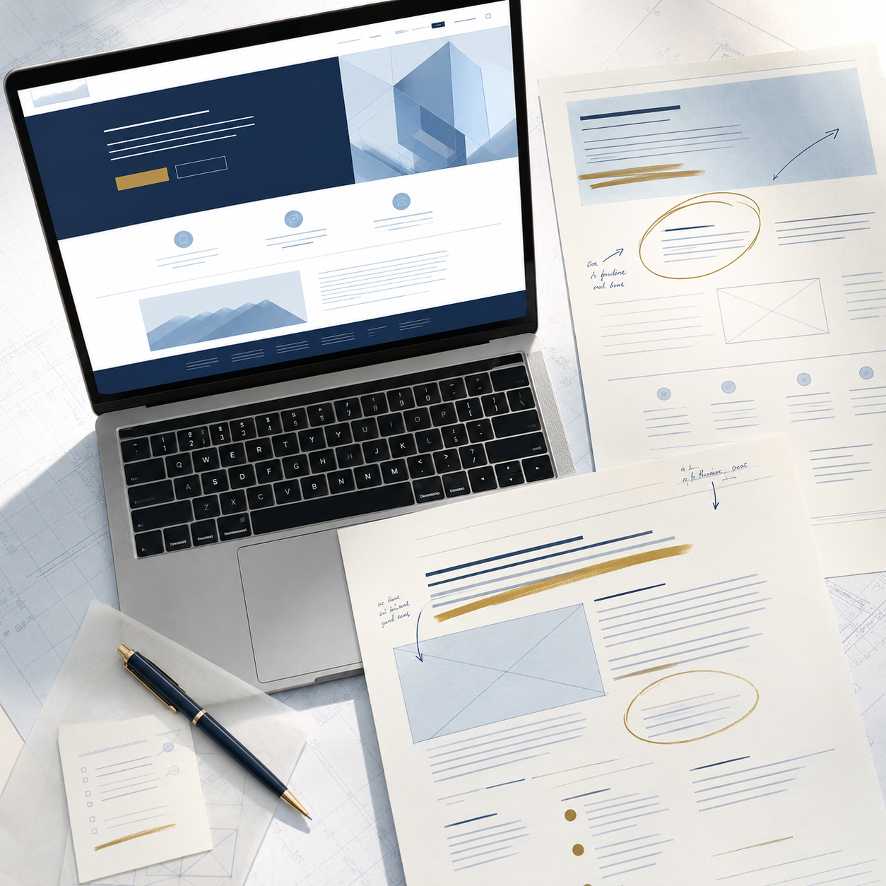 Laptop displaying a website with a geometric graphic, surrounded by printed design mockups, notes, and a pen on a drafting table.