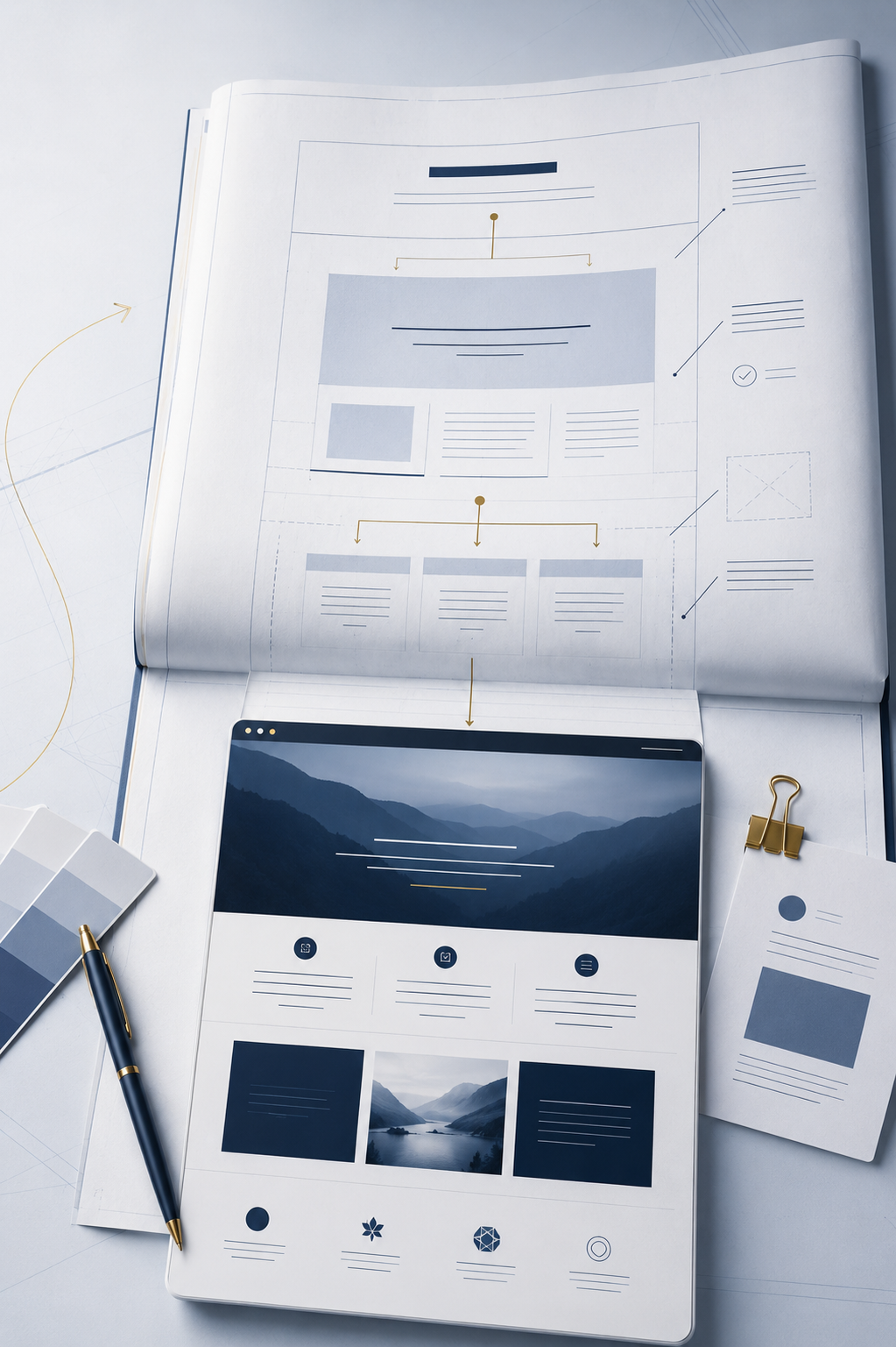 Design plans and a tablet displaying a mountain landscape, with a pen, color swatches, and a paper clip on a white desk.