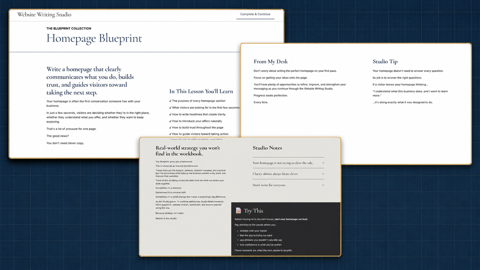 Screenshot of a website writing studio presentation with multiple slides discussing homepage blueprint, tips, and notes.