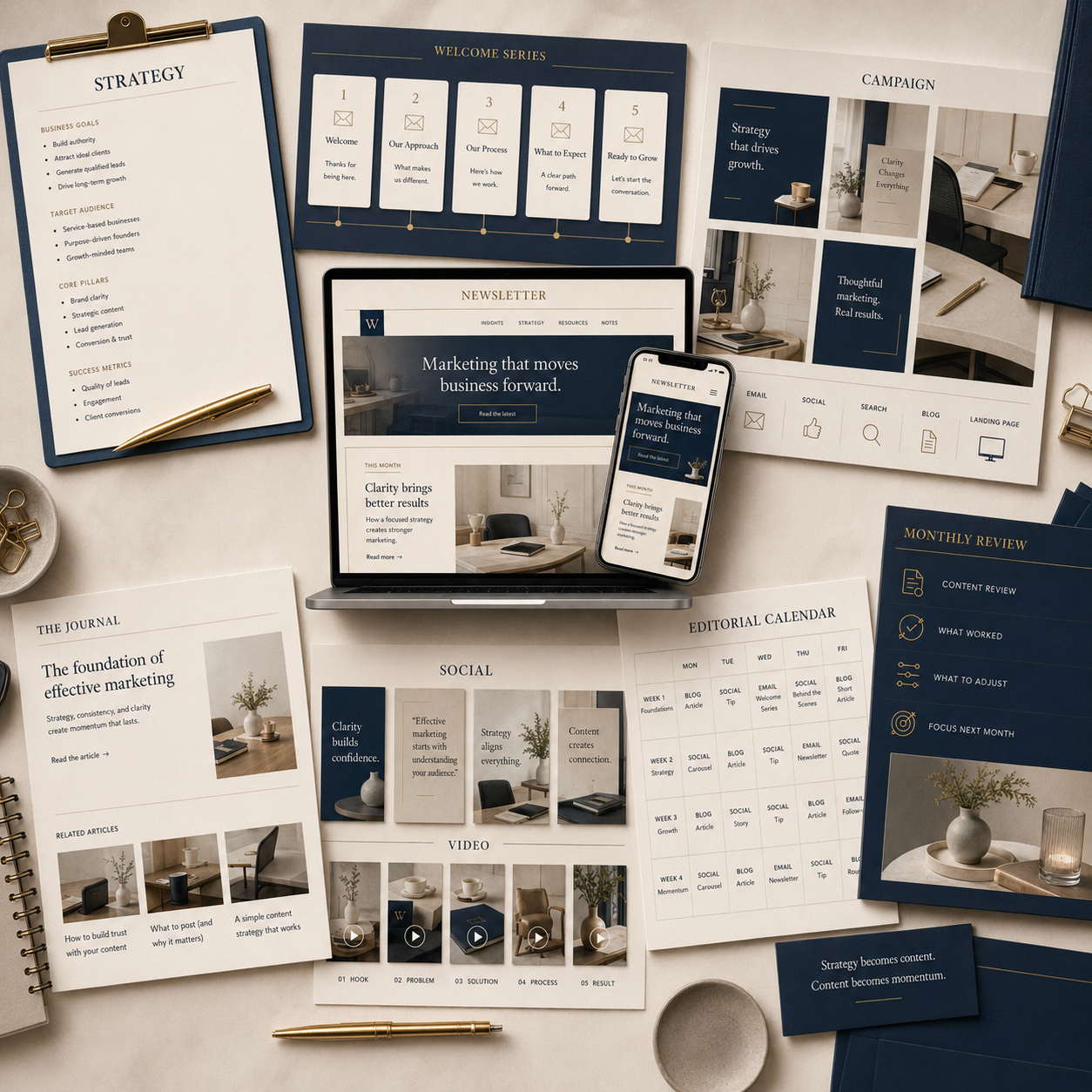 A flat lay of various marketing and business strategy documents, notebooks, and digital devices on a desk, including a laptop and a smartphone displaying marketing content, with pens and paper clips scattered around.