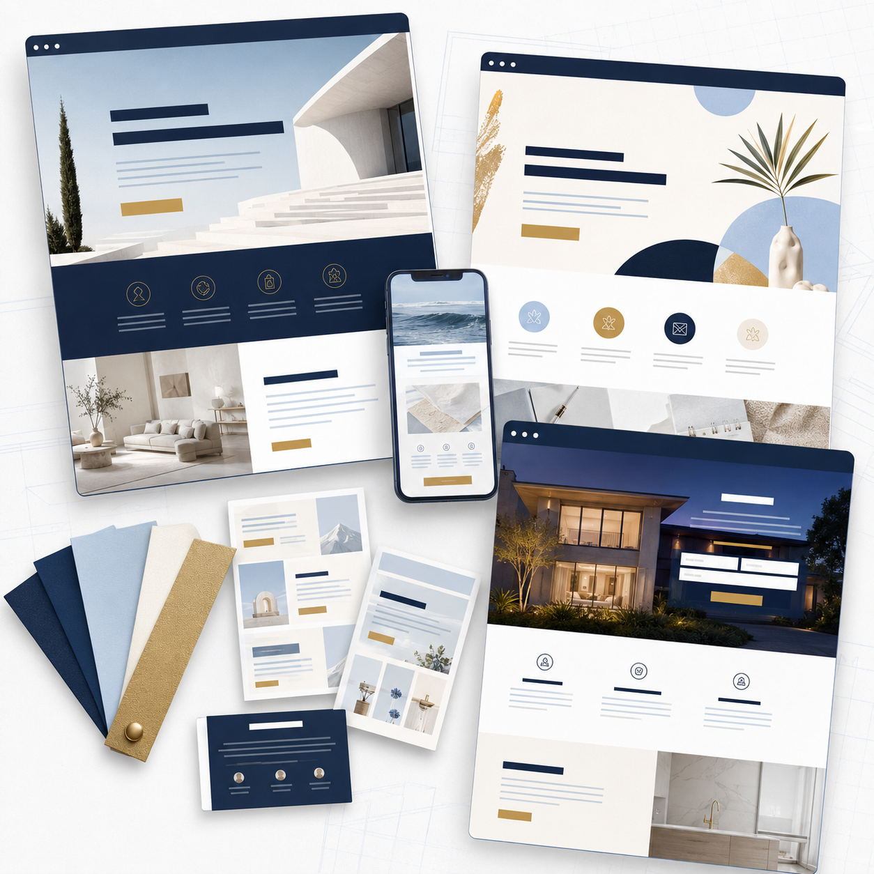 A digital marketing or website design concept with multiple screens and materials displaying modern, minimalist interior and exterior home designs, including a living room, house facade at night, and architectural elements, along with swatches of fabric and sample images.