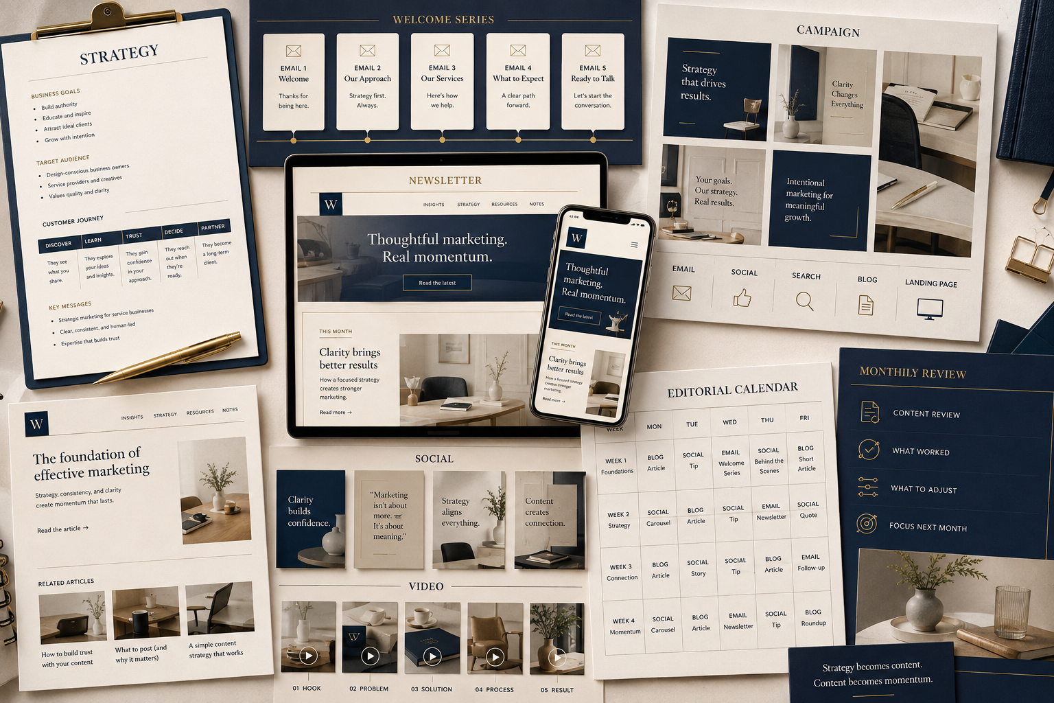 A collection of marketing and business planning materials including a tablet and smartphone displaying a marketing website, printed documents, a calendar, a newsletter, and various reports and notes, all in a cohesive navy and beige color scheme.