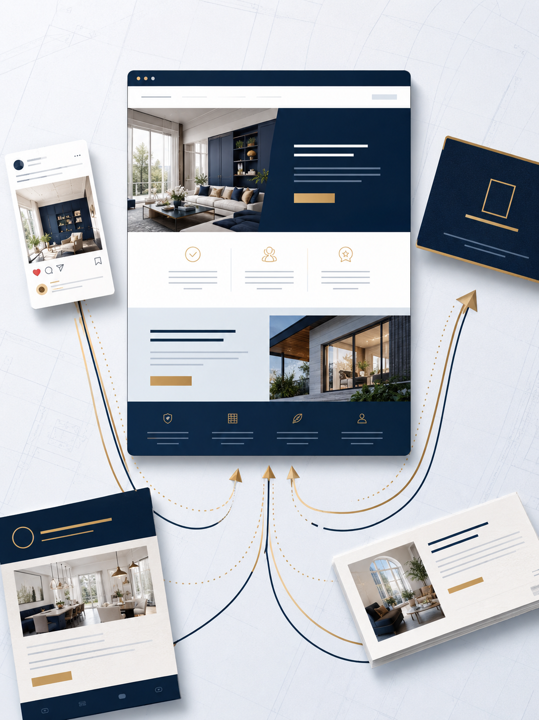 Multiple digital screens and a booklet displaying interior design images and layouts, connected with arrows, representing virtual home decoration or real estate listing platform.