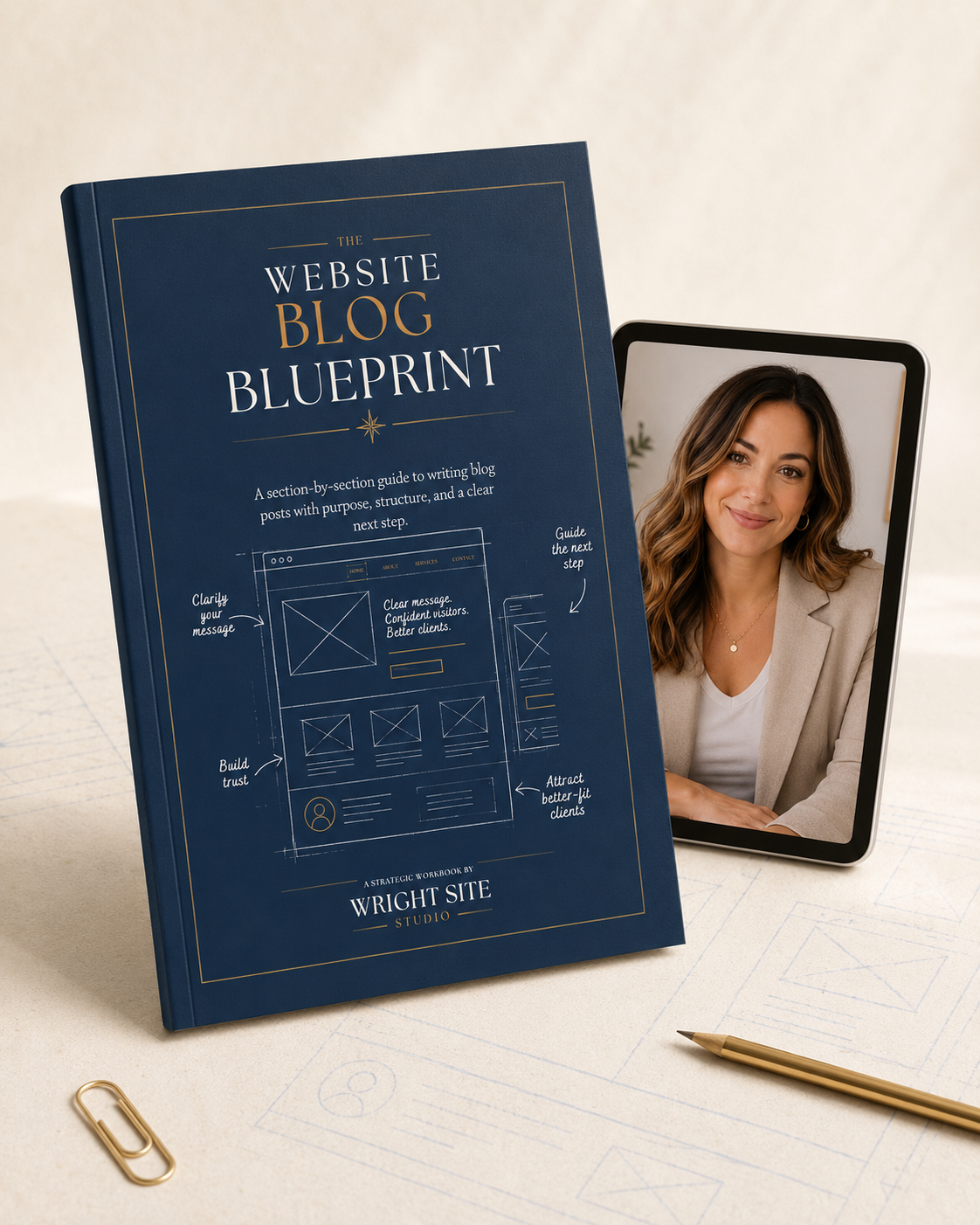 A blue book titled "The Website Blog Blueprint" by Wright Site Studio with a diagram and notes on creating effective blog posts, placed on a beige desk next to a tablet showing a woman smiling.