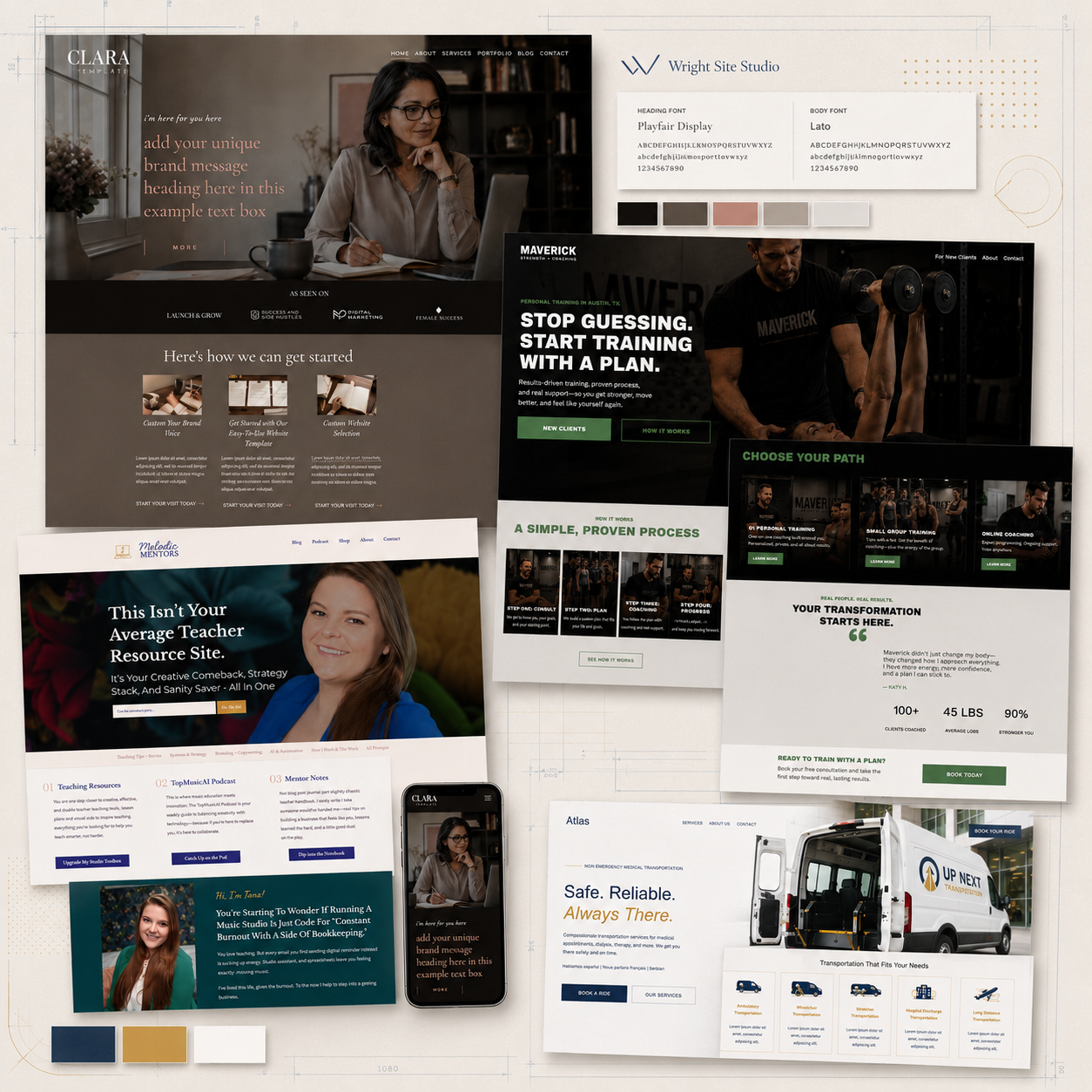 Collection of website designs and promotional materials for various services, including branding, fitness training, teaching resources, transportation, and mobile app.