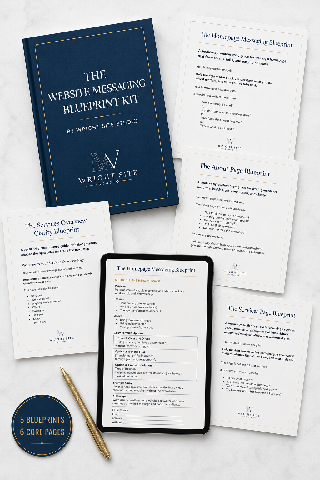 A collection of printed blueprints and guides for website messaging, including booklets and cards, displayed alongside a digital tablet and a gold pen on a white surface.