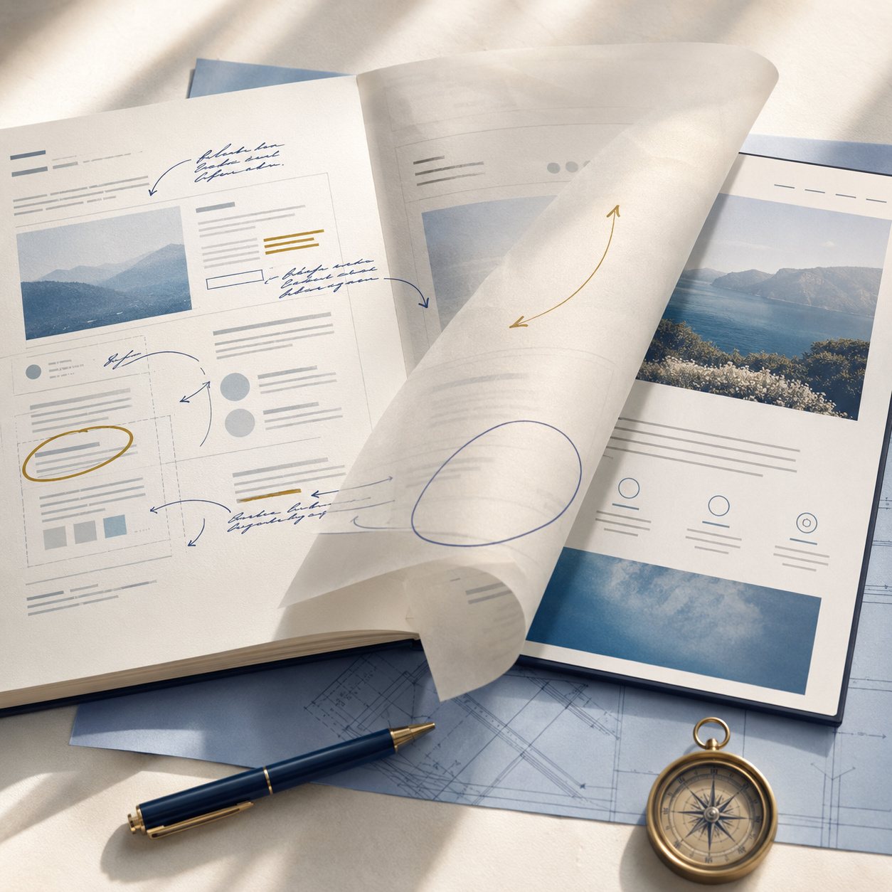 Open magazine pages with sketches, annotations, and photos of a mountain landscape, placed on a desk with a pen and a compass.