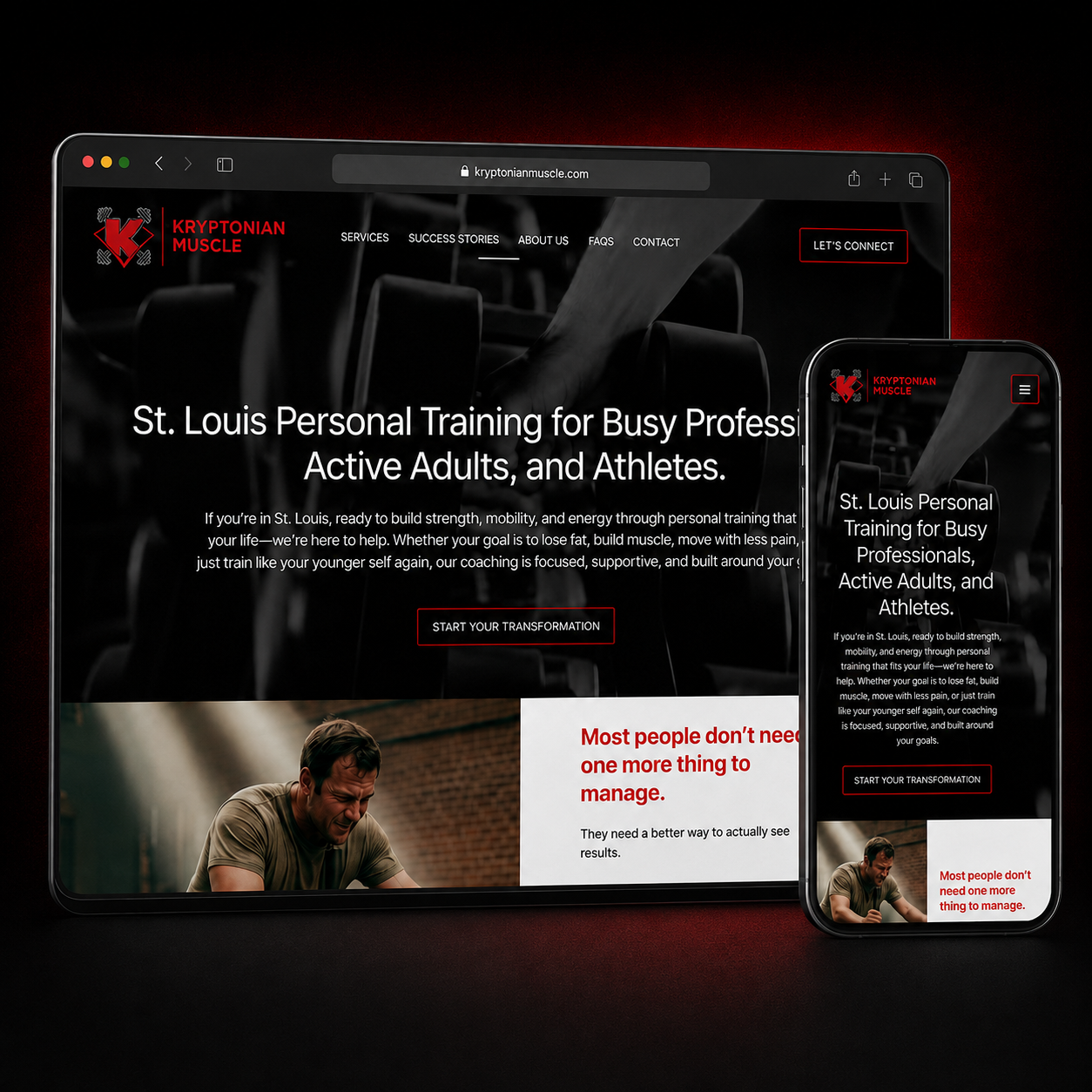 Website homepage for Kryptonian Muscle showing desktop and mobile views, with text promoting personal training services in St. Louis for busy professionals, active adults, and athletes, featuring a background image of gym equipment and a man exercising.
