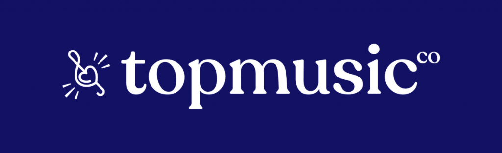 Logo of topmusic.co with a stylized microphone icon on a blue background.
