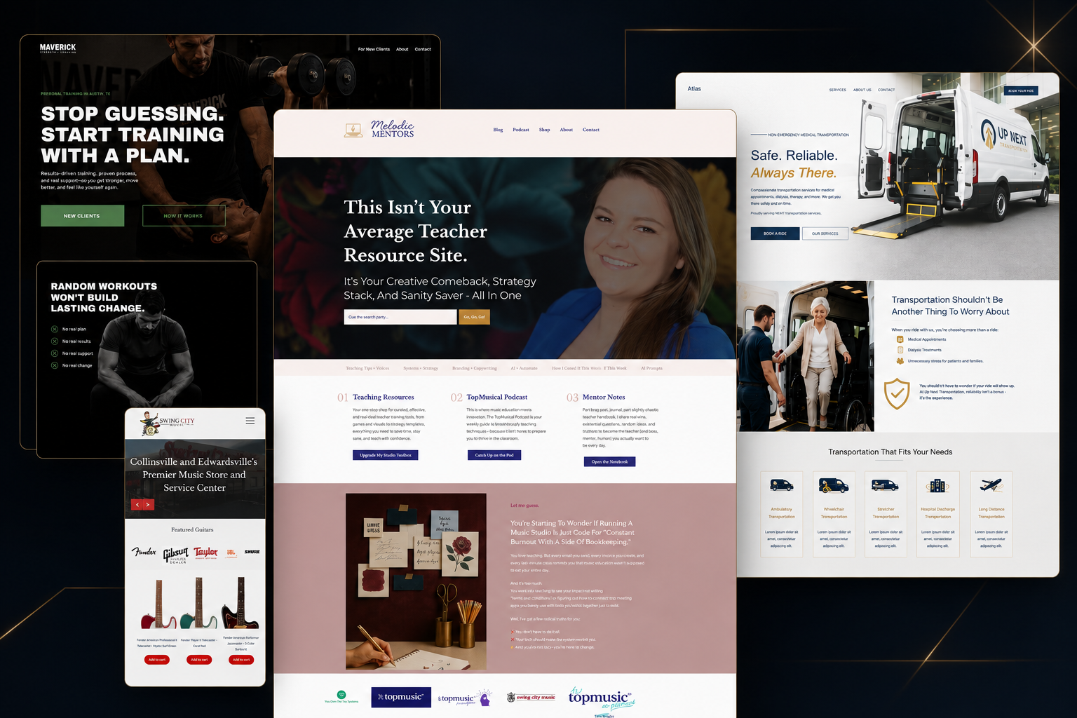 Collection of website templates including a fitness trainer site, a music store, a career mentoring site, a transportation service site, and an e-commerce page for guitars.