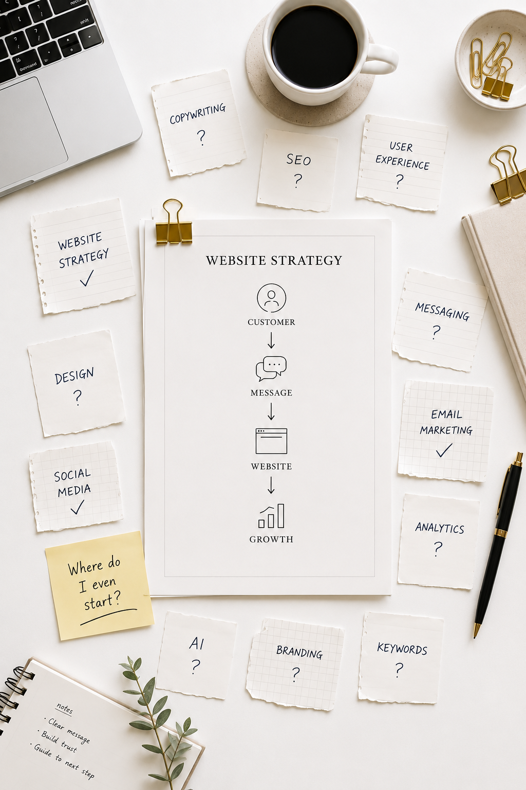 An overhead shot of a desk with a laptop, a coffee cup, and various notes and papers about website strategy, SEO, social media, and marketing, along with a pen and some gold binder clips.