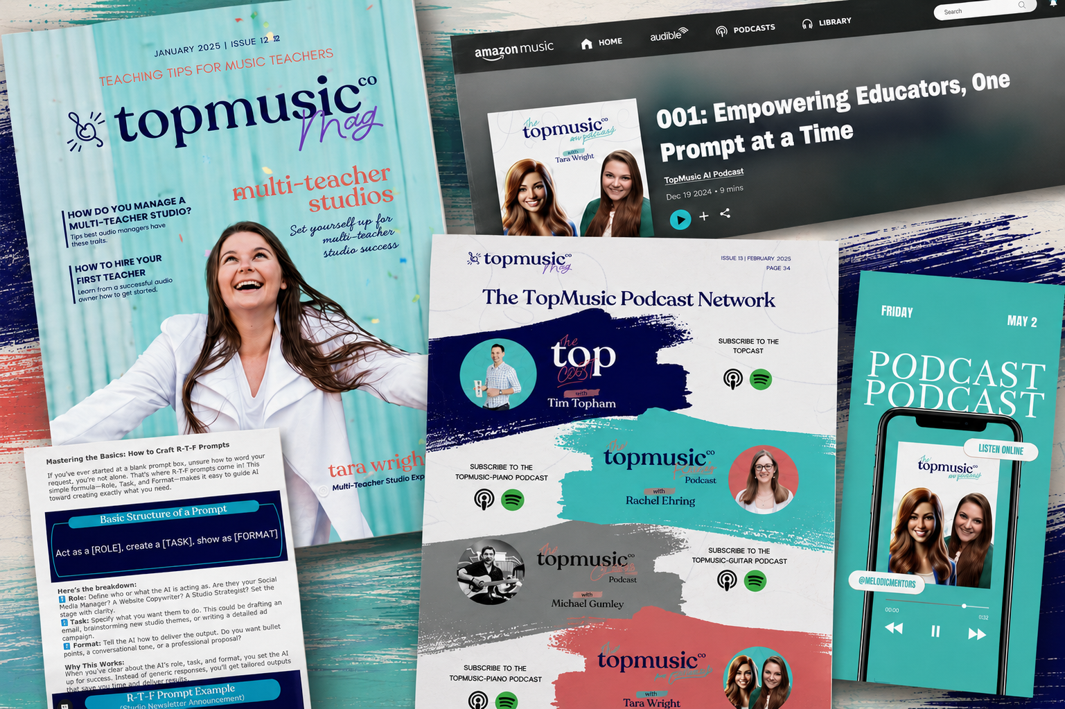 Collection of music-related publications, including magazines, podcasts, and promotional material featuring young women, podcast hosts, and graphics promoting music education and podcast listening.