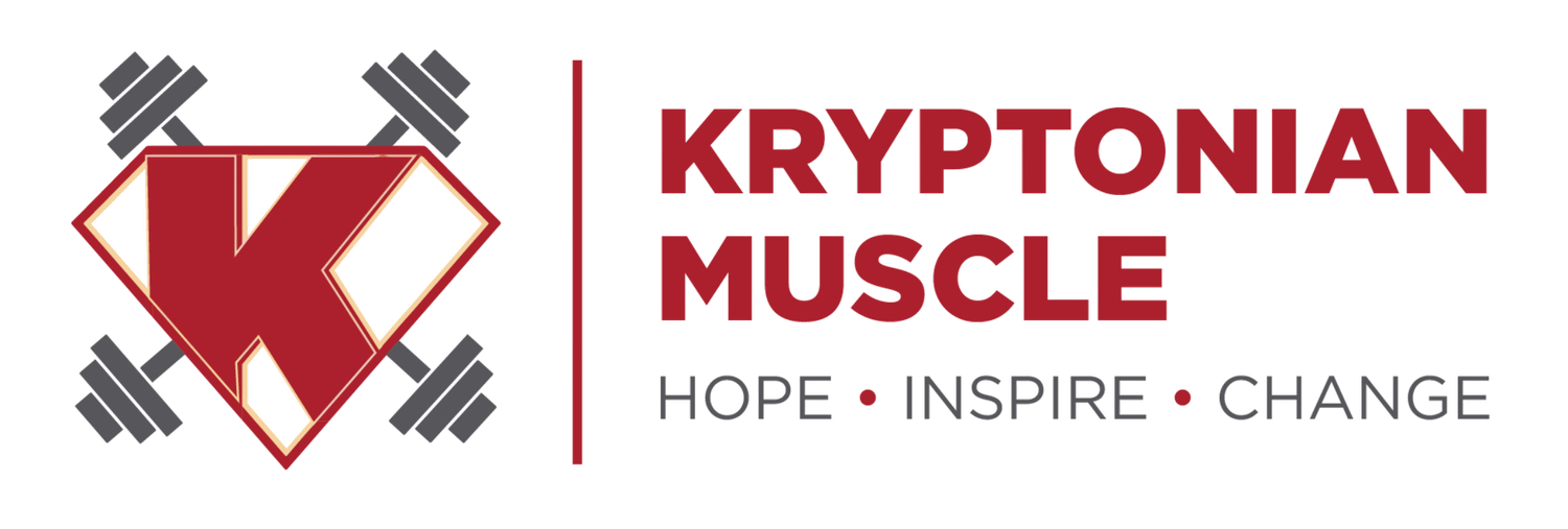Logo with a diamond-shaped emblem resembling a Superman symbol with a red 'K' in the center, surrounded by four dumbbells, and the text 'Kryptonian Muscle' in red above the slogan 'Hope, Inspire, Change' in gray and red.