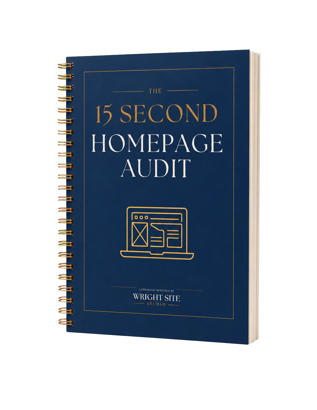 Cover of a book titled 'The 15 Second Homepage Audit' with a dark blue background and gold text, featuring a simple outline graphic of a webpage on a computer screen.