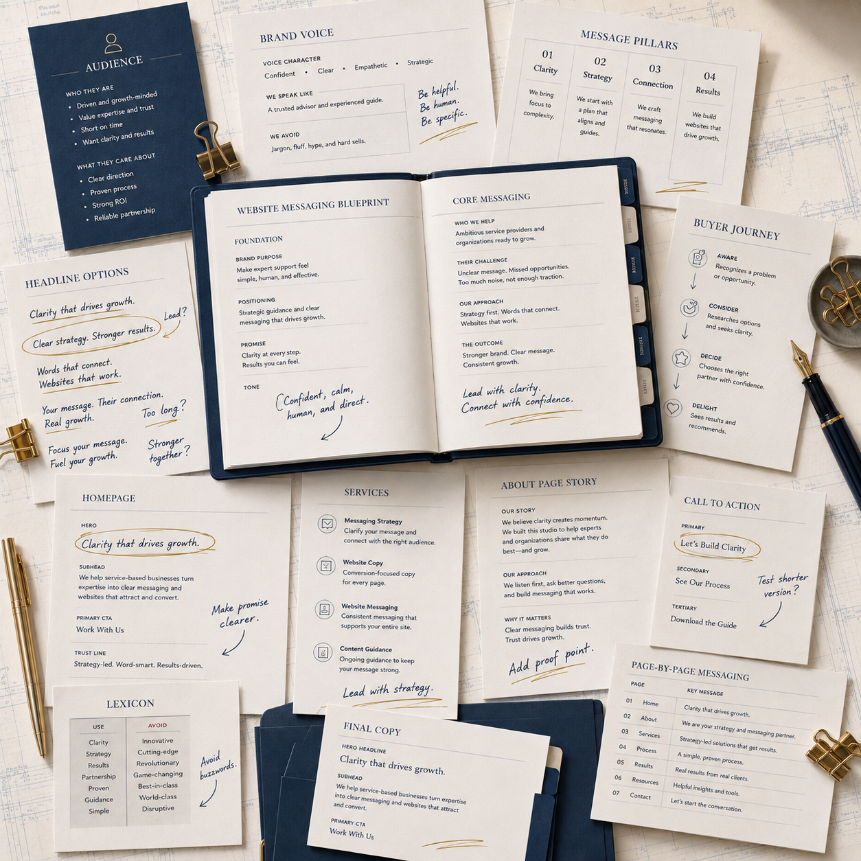 A collection of printed marketing and messaging strategy documents, notes, and a notebook with handwritten annotations, laid out on a desk with a gold pen, paper clips, and architectural drawings in the background.