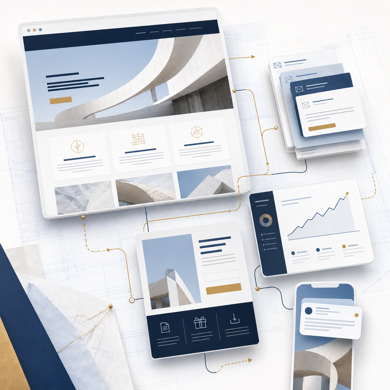 Digital rendering of architectural designs, flowcharts, and app interfaces on a blue and white background, possibly for a building project or tech presentation.