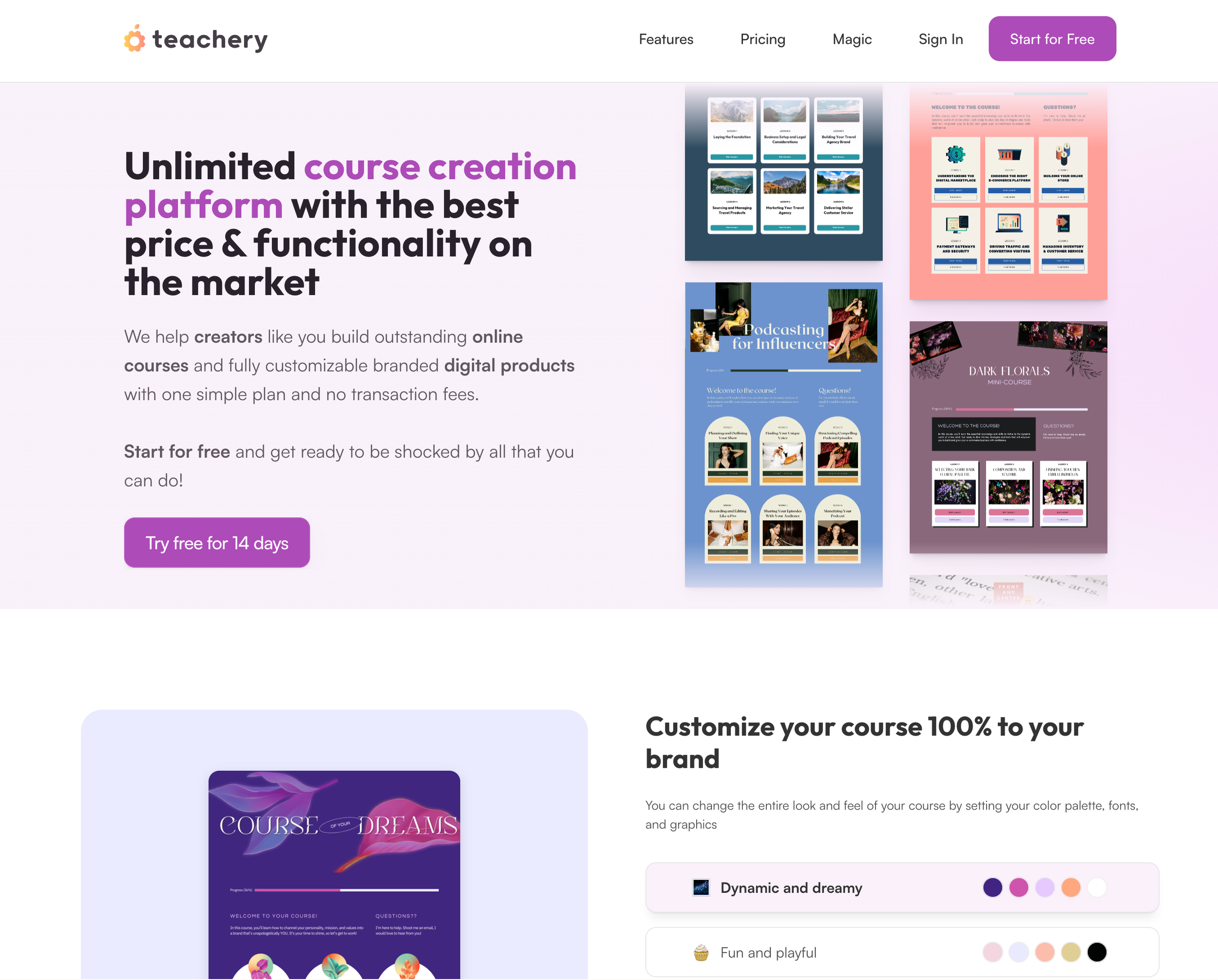 Screenshot of a website homepage for 'teachery,' a platform for creating online courses and digital products, featuring a purple 'Start for Free' button, website navigation menu, and various course cover images.