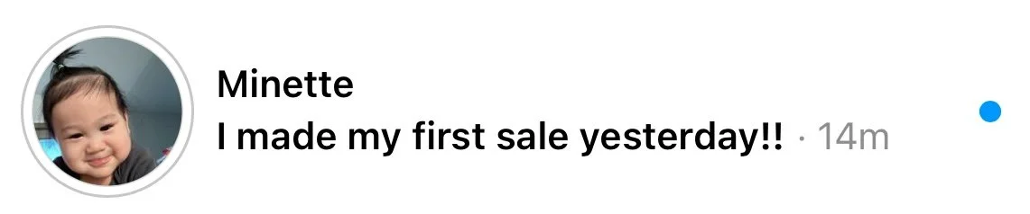 Profile picture of a young girl with dark hair, smiling, with a speech bubble saying, 'Minette I made my first sale yesterday!!'