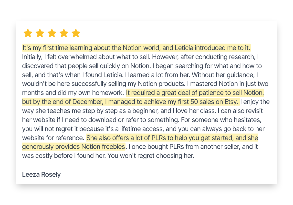 Screenshot of a text review with a five-star rating and highlighted sections. The review discusses learning about Notion, selling on Etsy, and offers advice and freebies from Leticia.