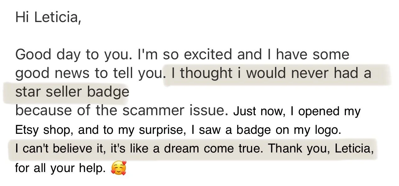 Screenshot of a letter thanking Leticia for a badge on her logo, mentioning a surprise badge on Etsy, with a happy emoji.