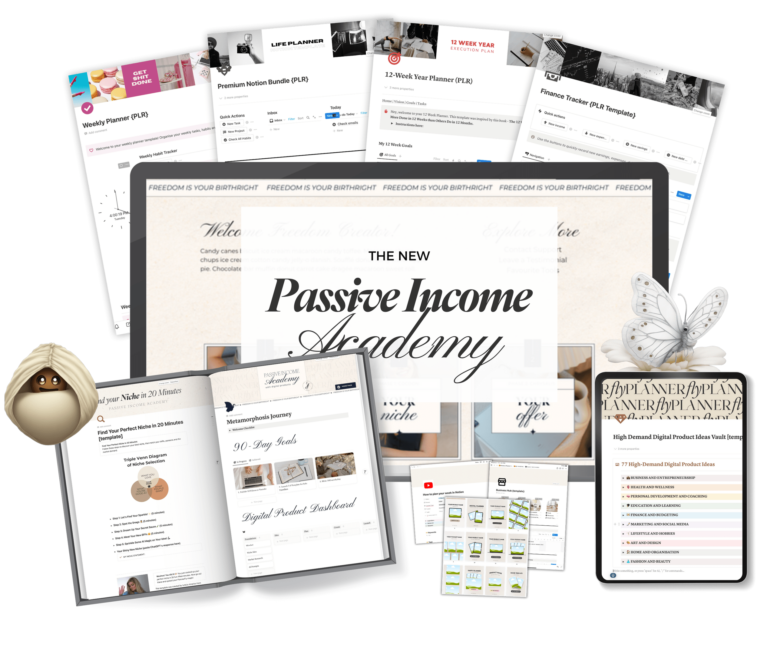 Collection of digital planners and productivity templates for organization, goal setting, income tracking, and creative projects displayed on screens. Digital product course for beginners — learn to create and sell Notion templates, and PLR templates