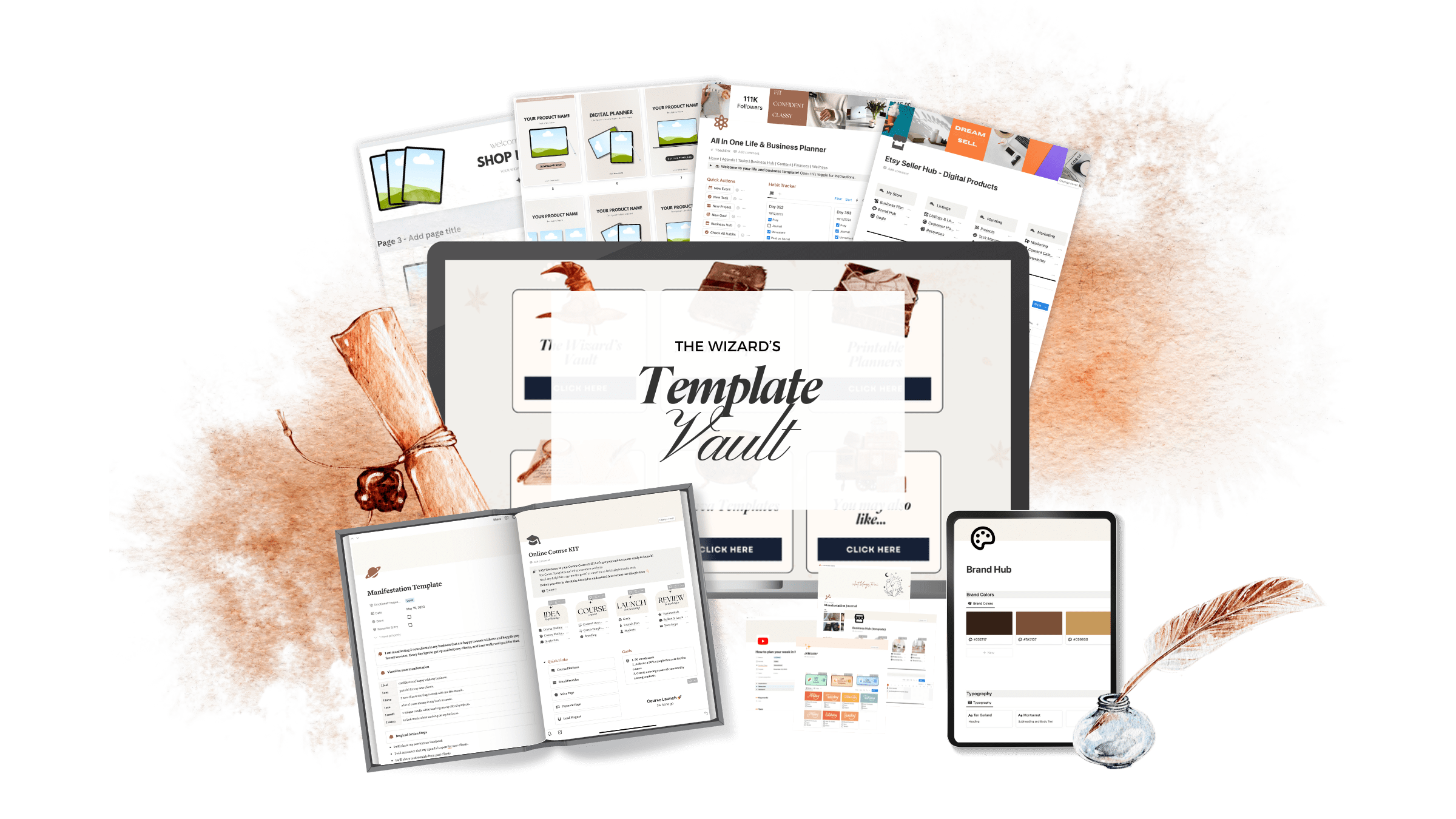 Digital templates and design tools displayed on screens and printed materials with a decorative ink splatter background.