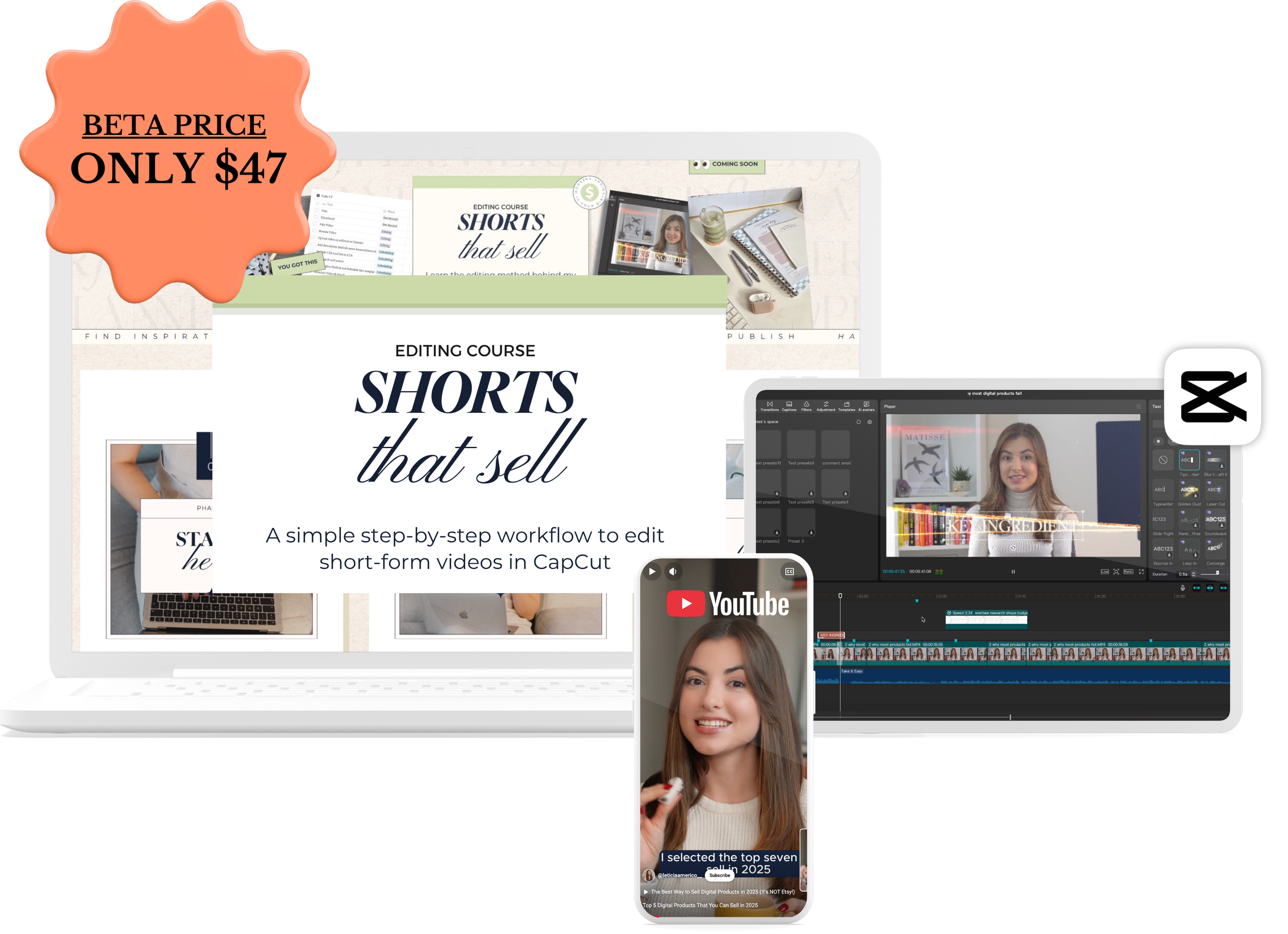 CapCut editing course shorts that sell, with a phone and macbook with CapCut open