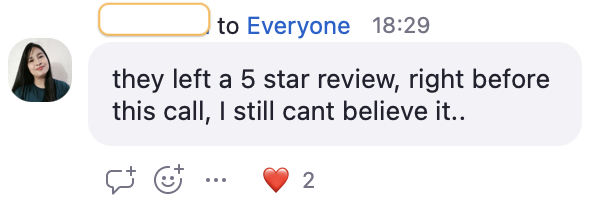 Screenshot of a text message conversation about a 5-star review left before a call.