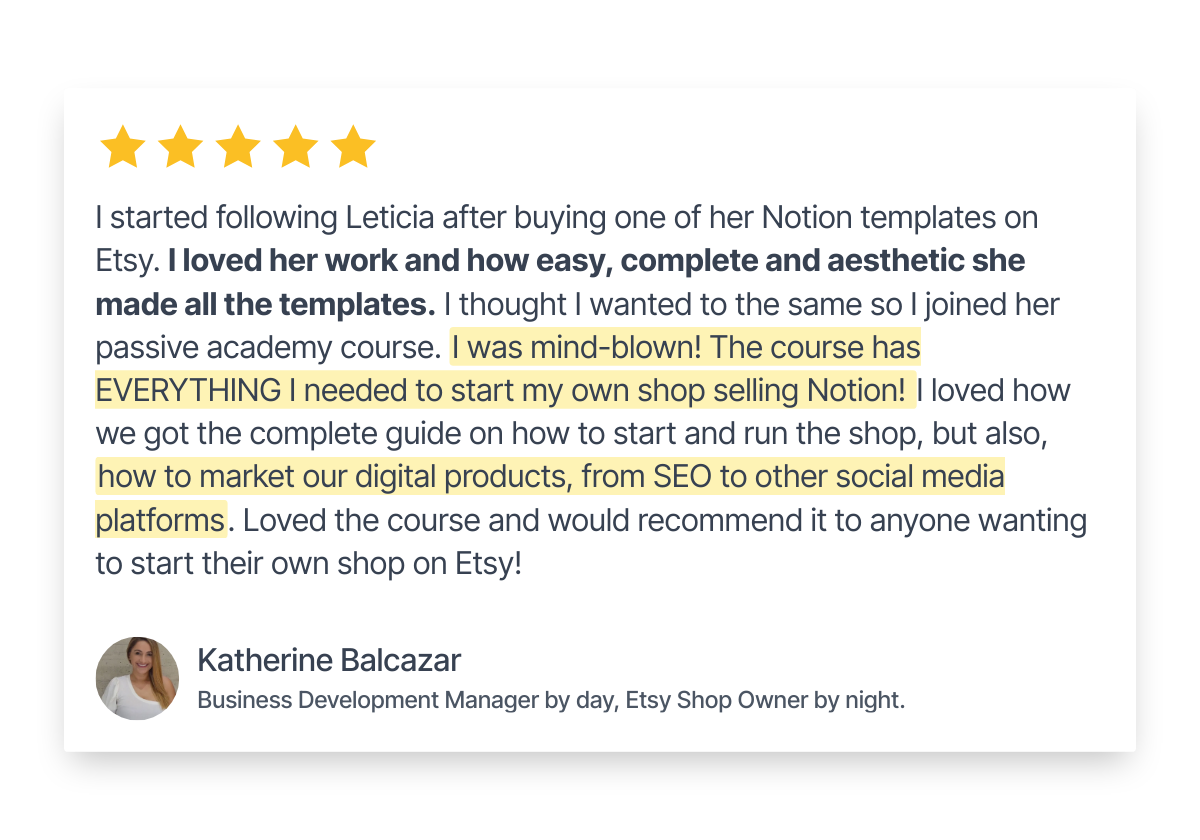 Five-star review with positive testimonial about an Etsy shop course, highlighting ease of use, comprehensive content, and marketing strategies, signed by Katherine Balcazar, a business development manager and Etsy shop owner.
