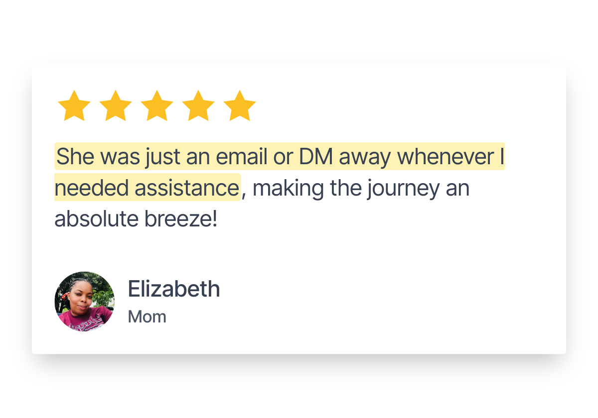 Five gold stars, a customer review highlighted in yellow, and a photo of a woman with the name Elizabeth and the designation Mom.