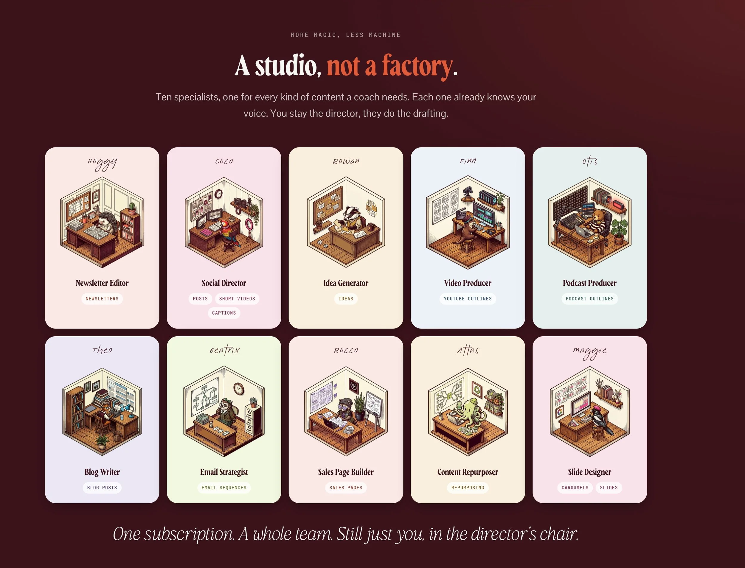 A website homepage showing various illustrated digital office spaces, each labeled with different creative professional roles such as Newsletter Editor, Social Director, Idea Generator, Video Producer, Podcast Producer, Blog Writer, Email Strategist, Sales Page Builder, Content Repurposer, and Slide Designer, emphasizing a collaborative team environment.