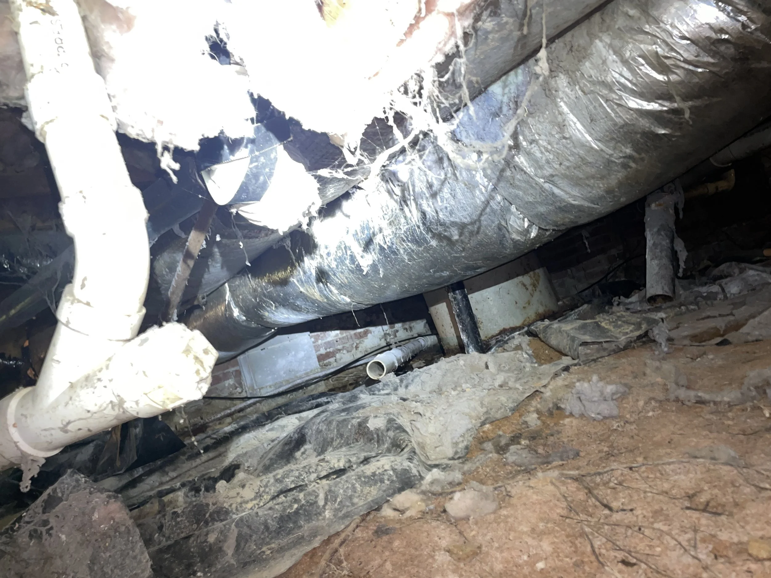 Cornelius crawl space with fallen insulation, damaged vapor barrier, exposed soil and debris