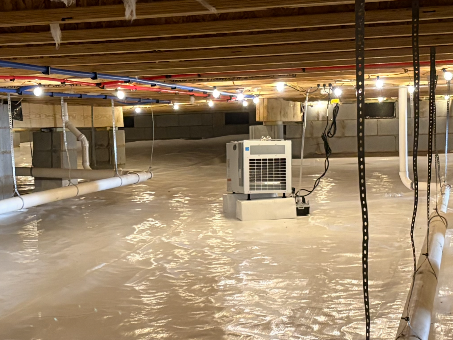 Partial crawl space encapsulation with sealed floor liner and crawl space dehumidifier