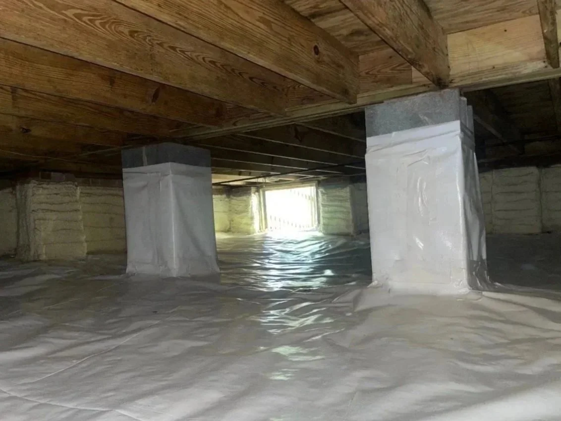 Clean crawl space after removal of old debris, damaged materials and fallen insulation, with a new vapor barrier installed over the floor.